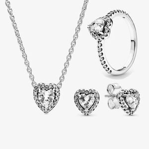 Sets 2020 New 925 Sterling Silver Elevated Heart Necklace Ring Stud Earrings 1 Set For Women Fashion Brand Wedding Party Jewelry