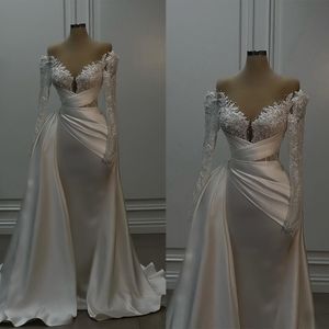 Lace Dresses Sweep Train Wedding Gowns Mermaid Wedding Dresses Applique Bridal Gowns Off-Shoulder Ruched Weeding Dresses