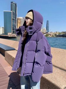 女性用トレンチコート厚い紫色の綿パッドコート冬のプレッピースタイルパンフード付き