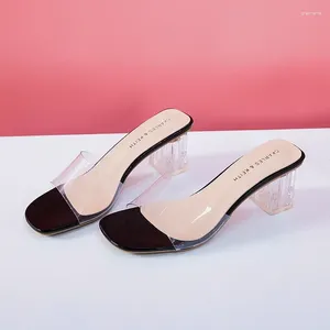 Hausschuhe Luxus Kristall Klar Transparent Ferse Weiblichen Schuhe Mitte Heels Komfortable Sommer Frauen Mode Maultiere Rutschen 42