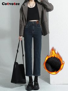 Jeans Cotvotee Fleece Kot pantolon için 2 Düğme Yüksek Belli Kot Kış Kot Pantolon Düz Vintage Denim İnce Mom Jeans Siyah Pantolon