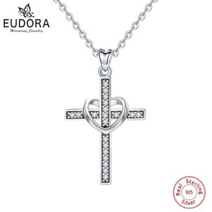 Hängen Eudora Sterling Silver 925 Cross Pendant Halsband med Rose Gold Color Heart Necklace For Women Jewelry Elegant Lover Gift Cyd50