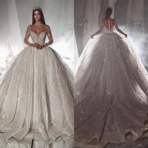 Gorgeous A Line Wedding Dresses Sequins Sheer Jewel Bridal Gown Long Sleeves Slim Fit Sweep Train Dress Custom Made