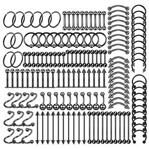 150PC acciaio body piercing gioielli lotto anello al naso lingua barra sopracciglio labret set ferro di cavallo confezione 240110