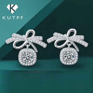 Earrings Ribbon Bowknot Tie Moissanite Stud Earrings 925 Sterling Silver 1CT Square Lab Diamond Fine Jewelry For Women Girl Birthday Gift