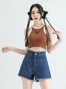 Jeans y2k hög midja denim shorts koreansk mode lös kvinnor sommar2023 nya burrs sexiga wideleg byxor stilfulla
