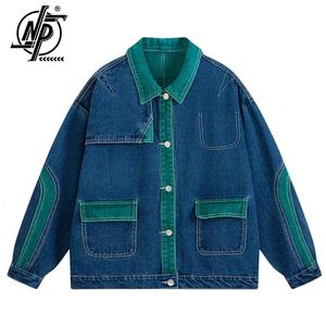 Patchwork Denim Jaqueta Homens Mulheres Linha Design Turndown Collar Solto Casual Vintage Casaco Unissex Varsity Bomber Outwear Outono 240110