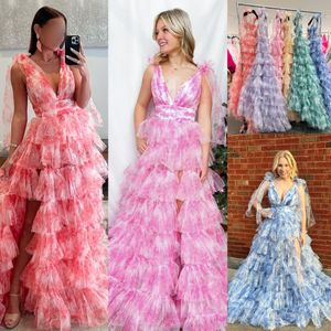 Abito da ballo con stampa floreale Pagliaccetto 2k24 Body con volant Tulle Scollo a V profondo Preteen Lady Pageant Inverno Serata formale Cocktail Party Hoco Abito di gala Tuta con spacco alto