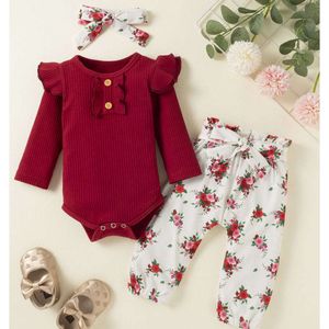 „Entzückendes Set aus Strampler, Oberteil und Hose mit Blumenrüschen für neugeborene Mädchen – perfektes Frühlings-/Herbst-Outfit mit Stirnband inklusive!“