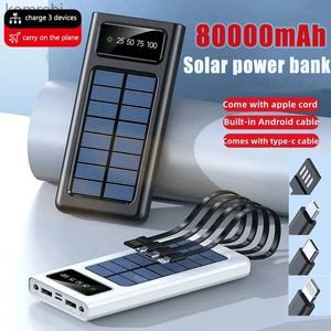 Cell Phone Power Banks Solar Power Bank Built Cables 80000mAh Solar Charger 2 USB Ports External Charger Powerbank With LED Light For iphoneL240111