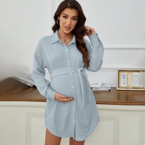 Elegant Women's Pregnant Women's Dress Solid Color Long sleeved Lapel Ultra Thin Casual Shirt Dress Spring and Autumn 240111