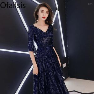 Vestidos de festa Ofallsis Banquete V Neck Meia Manga Vestido Longo 2024 Outono Retro Meio Azul Lantejoulas Simples Generoso