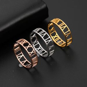 Anel de ouro amarelo 14k com algarismos romanos, para mulheres, homens, clássico, cor de ouro rosa, casual, anéis de casal, joia, presente de aniversário