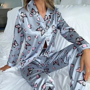 Kobiety Satin Satin Pamas Loungewear Dwuczęściowy topowa odzież dla kobiet z długim rękawem miękki guziki Pj Pijama 240110