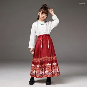 Ropa étnica Traje tradicional chino para niño Camisa Pantalón Conjunto Hanfu Chica Caballo Cara Falda 2 unids Etapa Rendimiento Desgaste Festival Rave