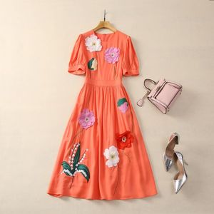 2024 Spring Contrast Color Embroidery Dress Purple Short Sleeve Round Neck Midi Casual Dresses A3J101745