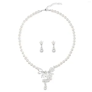 Halskette-Ohrringe-Set, 2-teilig, Damenschmuck, Perle mit Blumenanhänger für Bräute, Brautjungfern, Kostümzubehör