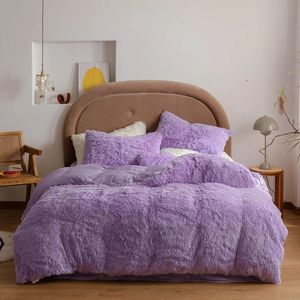 Quilt Cover Winter Super Warm Bed Plush Velvet Bedding Set Lamb Wool Cashmere Lavender Duvet Cover Pillowcase Girls Princess 240111