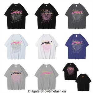 男性女性最高品質の発泡印刷スパイダーウェブパターンTシャツファッショントップティーピンクヤング凶悪犯SP5555 TシャツYLHM