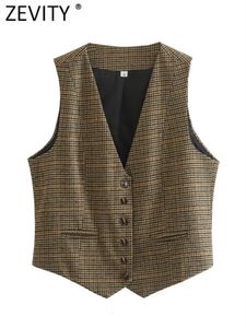 Zevity feminino vintage decote em v houndstooth impressão breasted fino colete curto jaqueta senhoras sem mangas casual colete tops ct3053 240111