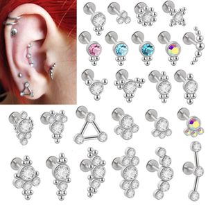 25 pz lotto acciaio labbro bar labret cristallo trasparente orecchino elica trago cartilagine base piatta orecchini a bottone piercing all'ingrosso 240110