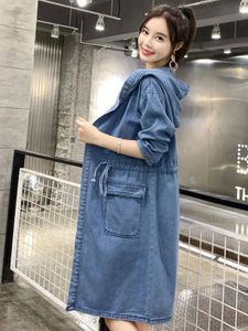 Jeans New Trench Casat for Women 2023 Spring Autumn Solid Medium Long Jean Jacket for Women Rousing Windbreaker Tops Denim Coat