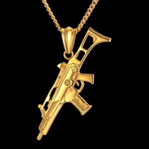 Germany Style Gun Pendant Necklace Hip Hop Men Jewelry Golden Color 14k Yellow Gold Schmuck G36K Maxi Statement Necklaces