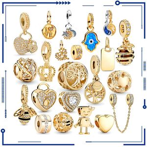 925 Silver Gold Family Genealogy Heart Shaped Crown Pendant Charming Fit Original Pan Armband Women's DIY Jewelry Gift Free Frakt