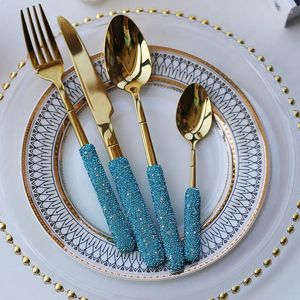 Conjuntos de louça de aço inoxidável talheres domésticos facas incrustadas garfos colheres produtos azuis bife