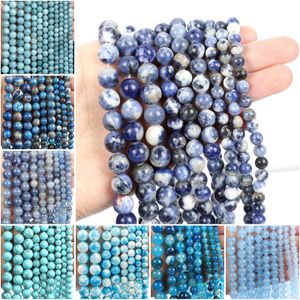 Uppsättningar naturliga stenpärlor blå serie randig agat akvamarin turkos runda pärlor för smycken som gör DIY armband halsband 412mm