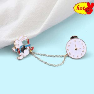 Hot Lapel Pins Cartoon Rabbit Pocket Watch Pin Brooch Buckle Golden Metal Badge Bag Clothes Lapel Brooches for Women Men Kids Gifts