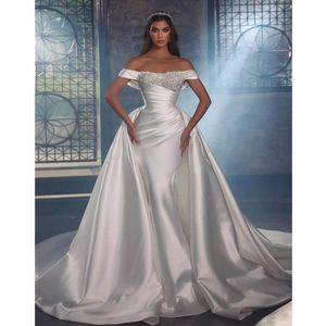 Requintado sereia vestidos de casamento simples fora do ombro beading vestidos de noiva verticalmente vestidos de noite feitos sob encomenda para mulher