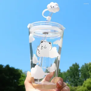 Water Bottles 480ml Glass Bottle With Straw Cartoon Clouds Cup Leakproof Portable Drinking A Sealing Cap Lid