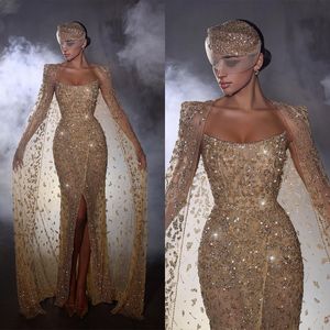 Luxury Evening Dress With Cape Sequins Strapless Prom Formal Gowns Split Slim Fit Party Prom Dresses Custom Made