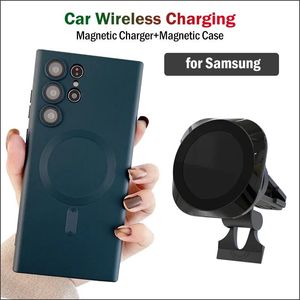 Laddare 15W Fast Car Magnetic Wireless Charger+för Magsafe Silicone Case för Samsung Galaxy S23 S22 S21 Ultra Plus Car Charging Holder