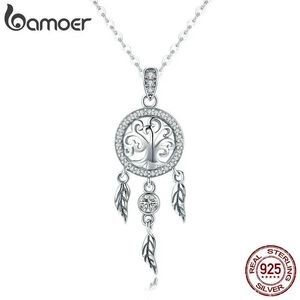 Necklaces BAMOER Real 925 Sterling Silver Tree of Life Fashion Dream Catcher Pendant Necklaces for Women Sterling Silver Jewelry SCN298