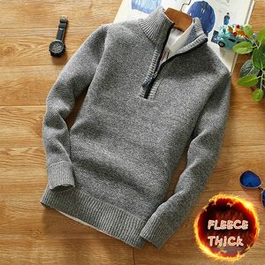 Зимний мужской флисовый толстый свитер, водолазка с половиной молнией, теплый пуловер, качественный мужской тонкий вязаный шерстяной свитер на весну 240110