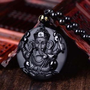 Pendants Natural Black Obsidian Carved Ganesh Elephant Lucky Pendants Free Necklace Fine Stone Crystal Fashion woman man Amulet Jewelry