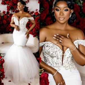 Luxury Wedding Dress for Bride African Arabic Plus Size Bridal Dress Mermaid Off Shoulder Shining Illusion Wedding Gowns for Marriage with Detachable Train NW004