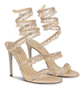 Nuovo Elegante RenesCaovilla Lampadario Sandali Scarpe Tacchi da donna Cristalli impreziositi da cristalli di serpente in raso Perline Cinturino avvolto Party Lady Scarpe eleganti con tacco alto