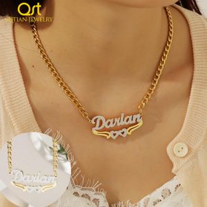 Collane Collana con nome personalizzato Qitian con cuore Placcato in oro 18 carati con targhetta 3D Gioielli con nomi personalizzati Ciondolo regalo per le donne