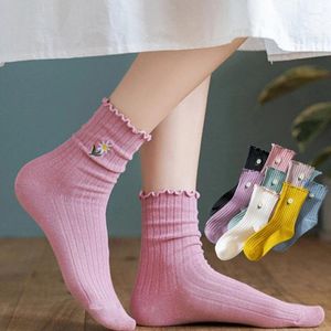 Women Socks 1Pairs Middle Tube Spring Autumn Small Flower Print Crimping Design Casual Candy Color Cute Girls Ladies Cotton Sox