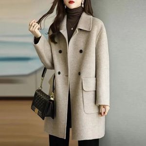 Wollmantel für Damen, Herbst und Winter, mittellang, knielang, haferfarben, koreanisches einfarbiges Fleece für Wärmespeicherung 240110