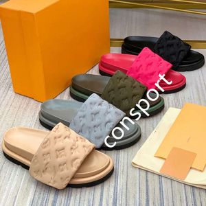 Designer 35–45 Hausschuhe, Pool-Kissen, bequeme Pantoletten, Damen- und Herren-Sandalen, Schwarz, Scuff Flat Sunset, gepolsterter Vorderriemen, modischer, leicht zu tragender Stil, Fuchsia