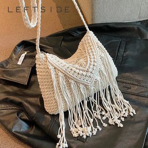 LEFTSIDE Summer Tassels Weave Crossbody Bags for Women Korean Fashion Small Handmade Hand Bag Kvinnlig handväska och plånböcker 240111