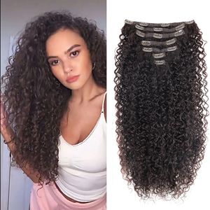 Synthetic Curly Clip In Hair Kinky Hairpieces ClipOn Full Head Fake Pieces Black Brown For Woman 240110