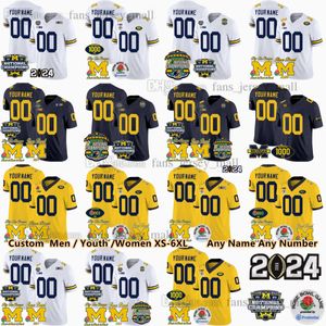 Camisa de futebol personalizada do NCAA 2024 Big Ten Champion Michigan Wolverines 9 J.J. McCarthy 10 Tom Brady 2 Blake Corum 12 Cade McNamara Junior Colson 1000 vence patch do Rose Bowl