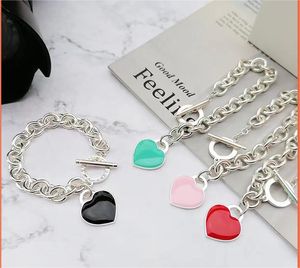 new silver pink black blue necklace chains link heart pendant necklaces for women mom bracelet set fashion jewelry designer gold 18k plated couple Wedding Party gift