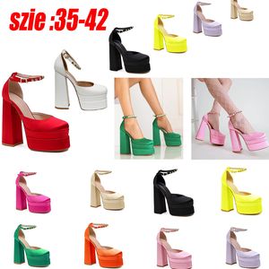 Party Sandals Block Heel Double Platform Kvinnor Sandaler Aftonklänning Hälta Sandaler Cool Woman Shoes Square Toe Silk High Heels