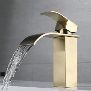 Kitchen Faucets Waterfall Basin Faucet Deck Mounted Stainless Steel Brushed Gold Sink Tap & Cold Water Mixer Bathroom Vanity Vessel